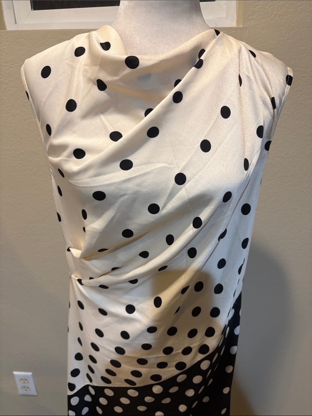 Halston Heritage Black and Cream Polka Dot Draped Midi Dress-Size 12 - Picture 6 of 12